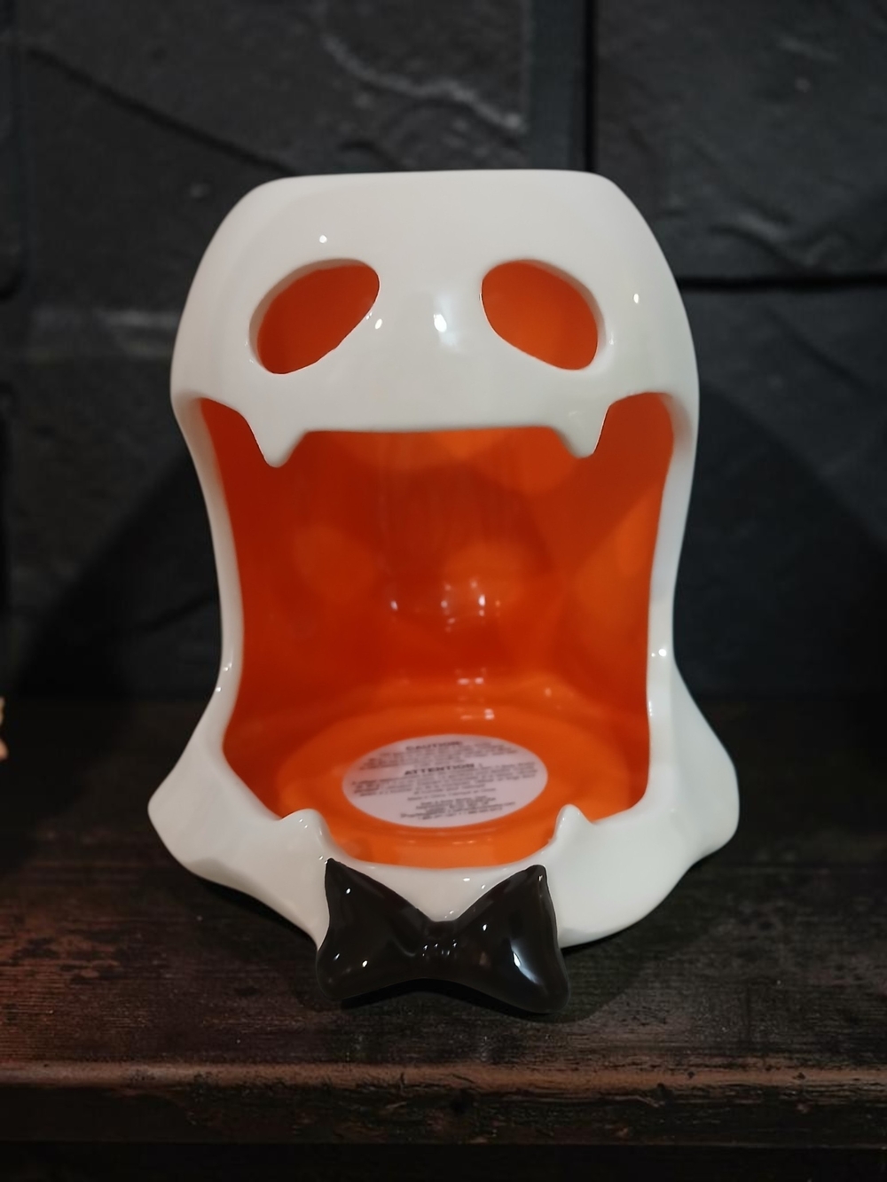 White and Orange Ceramic Ghost Candy Bowl with Black Bow